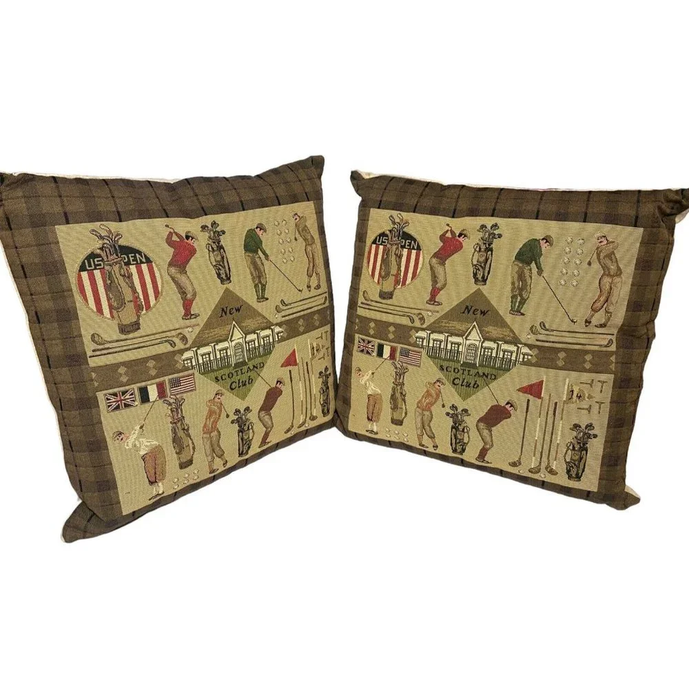 Vtg Golf Pillows decorative embroidered Eximious Of London New Scotland Club